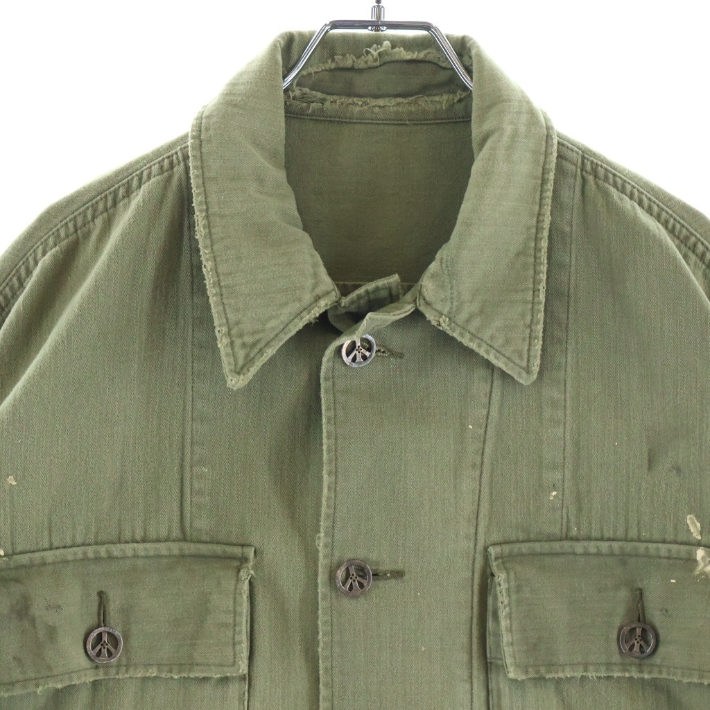 READY MADE(レディメイド) 24AW HERINGBONE SHIRT JACKET ピースマークステンシル ヴィンテージ加工 ヘリンボーン ミリタリーシャツジャケット オリーブ RE-CO-KH-00-00-259
