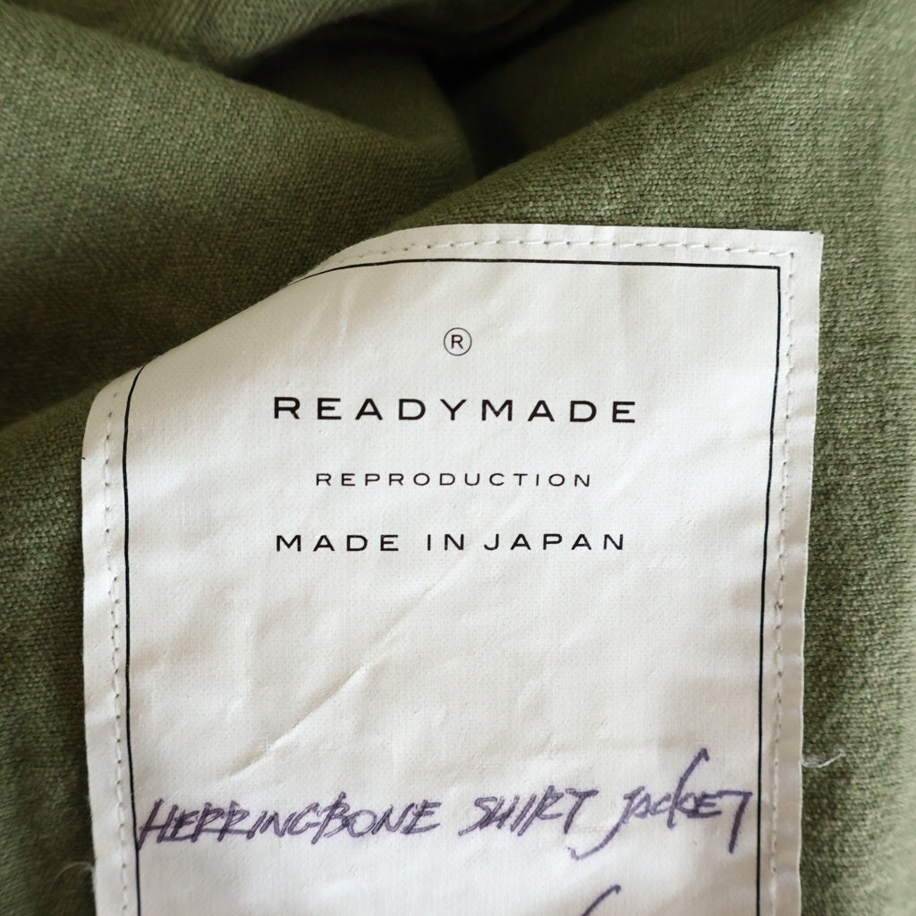 READY MADE(レディメイド) 24AW HERINGBONE SHIRT JACKET ピースマークステンシル ヴィンテージ加工 ヘリンボーン ミリタリーシャツジャケット オリーブ RE-CO-KH-00-00-259