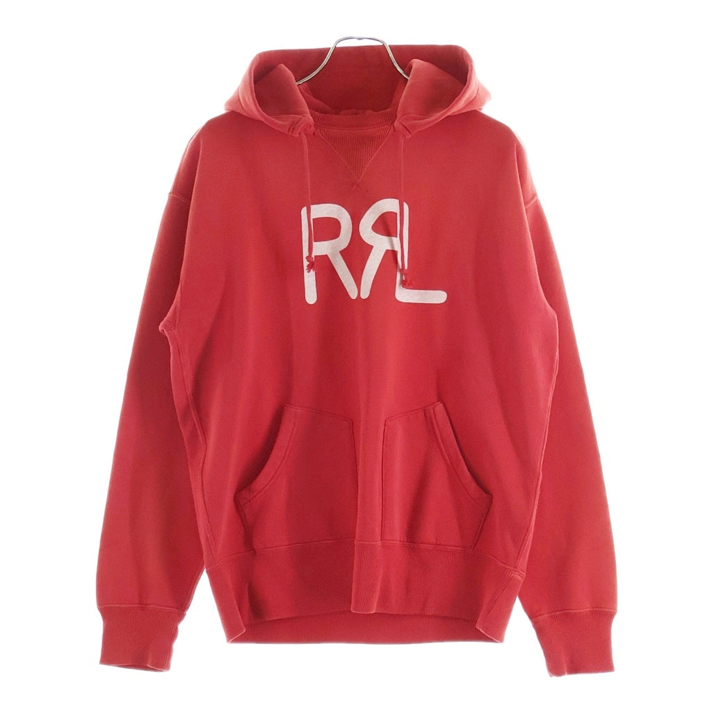 RRL(ダブルアールエル) 21AW LOGO FLECE HOODIE ロゴプリント ダブルポケット フード後付け プルオーバースウェットパーカー フーディー レッド 0200011589