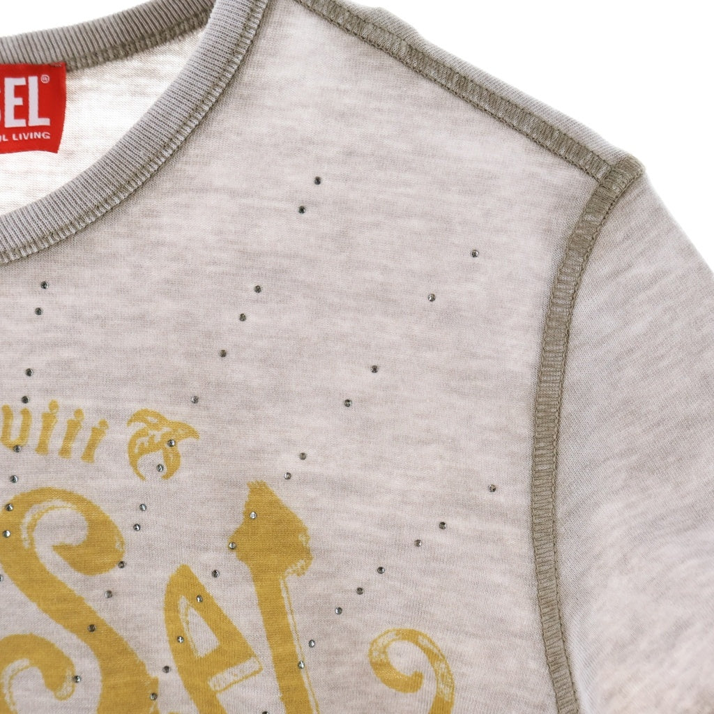 DIESEL(ディーゼル) T-UNCUTIES-LONG-AA3 グラフィックプリント ラインストーン装飾 クルーネック 半袖Tシャツ カットソー グレー レディース A23329