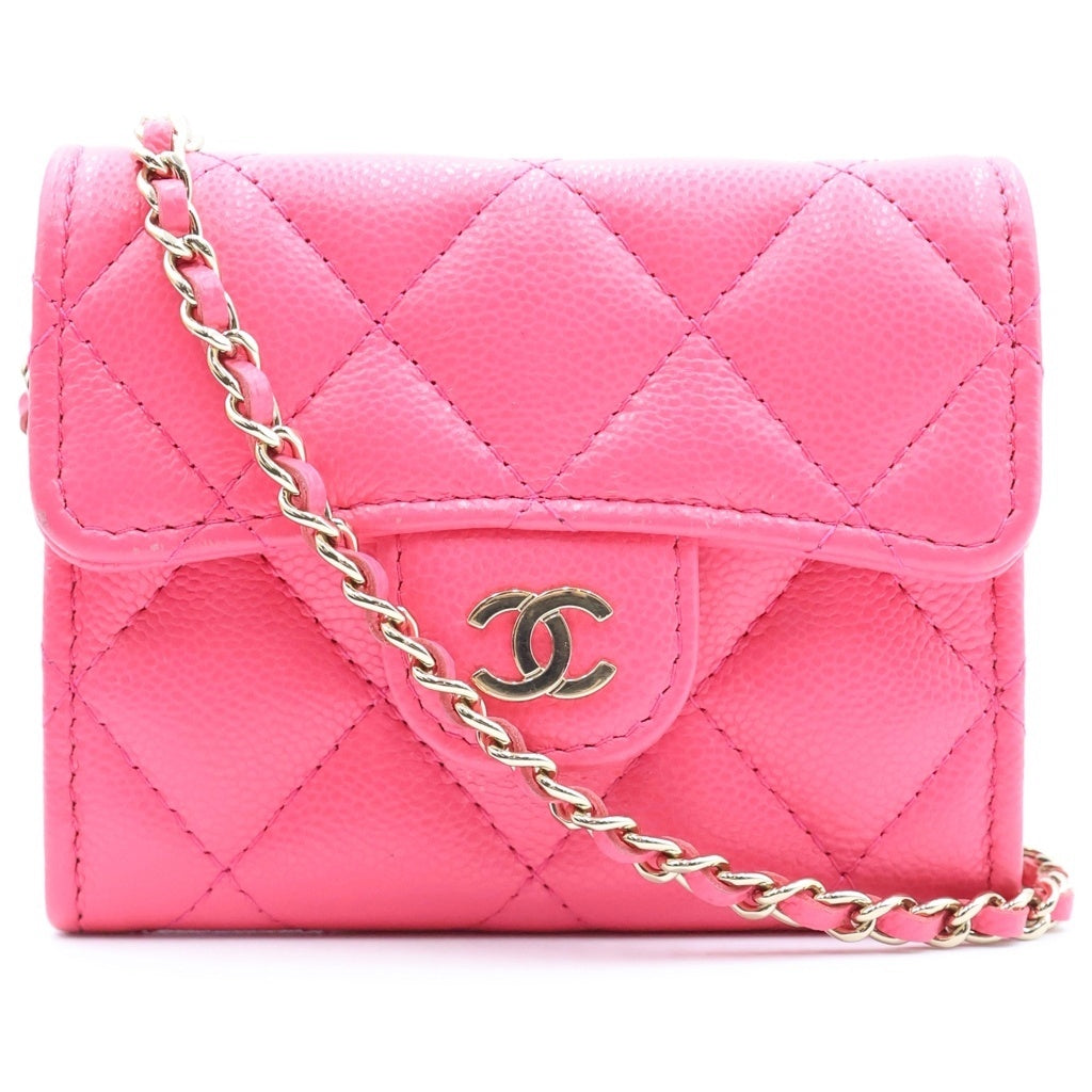 CHANEL(シャネル) マトラッセ ミニ チェーンウォレット フラップ二つ折り財布 キャビアスキン ゴールド金具 ランダムシリアル ピンク レディース