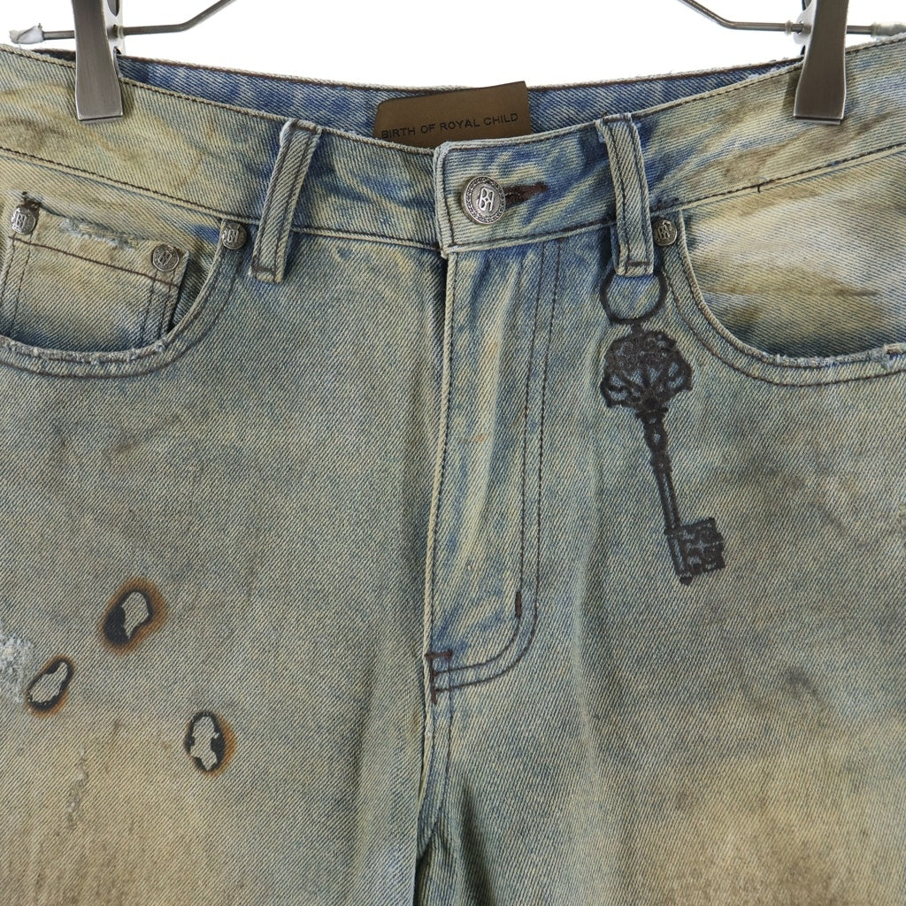 BIRTH OF ROYAL CHILD(バースオブロイヤルチャイルド) WAX BAGGY DENIM バックポケットデザイン キー刺繍 ワックスコーティング デニム バギーパンツ インディゴ