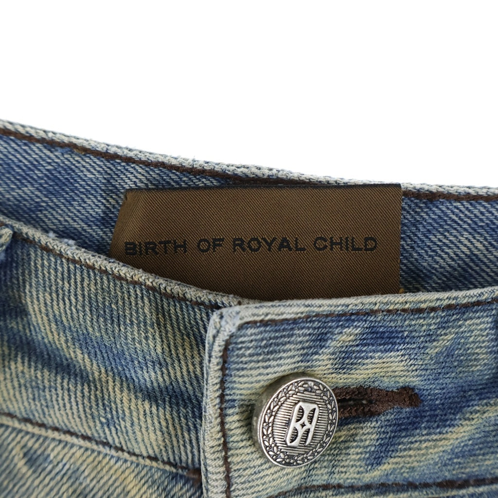BIRTH OF ROYAL CHILD(バースオブロイヤルチャイルド) WAX BAGGY DENIM バックポケットデザイン キー刺繍 ワックスコーティング デニム バギーパンツ インディゴ