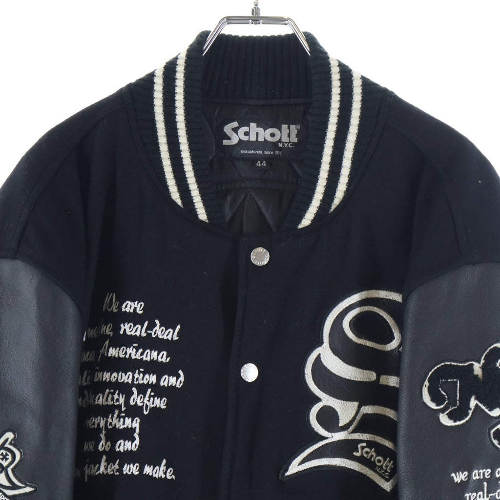 SCHOTT(ショット) リブニット レザー切り替え ロゴエンブロイダリー スタジアムジャンパー ジャケット ブラック