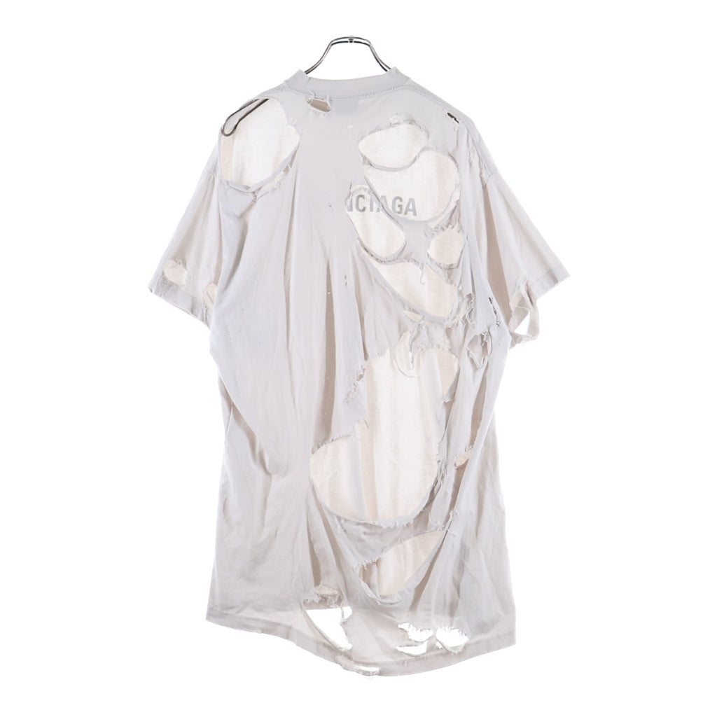 BALENCIAGA(バレンシアガ) 23AW MIRROR LOGO OVERSIZED T-SHIRT ミラーロゴ オーバーサイズ ダメージ加工 フロントプリントTシャツ 半袖クルーネックカットソー ホワイト 739028 TQVN7