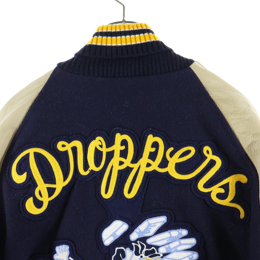 NO BRAND(ノーブランド) HEWITT MFG(ヒューイットエムエフジー) ×BACK DROP STADIUM JACKET バックドロップ スタジアムジャケット アームレザー切替 ウールスタジャン ネイビー/ベージュ