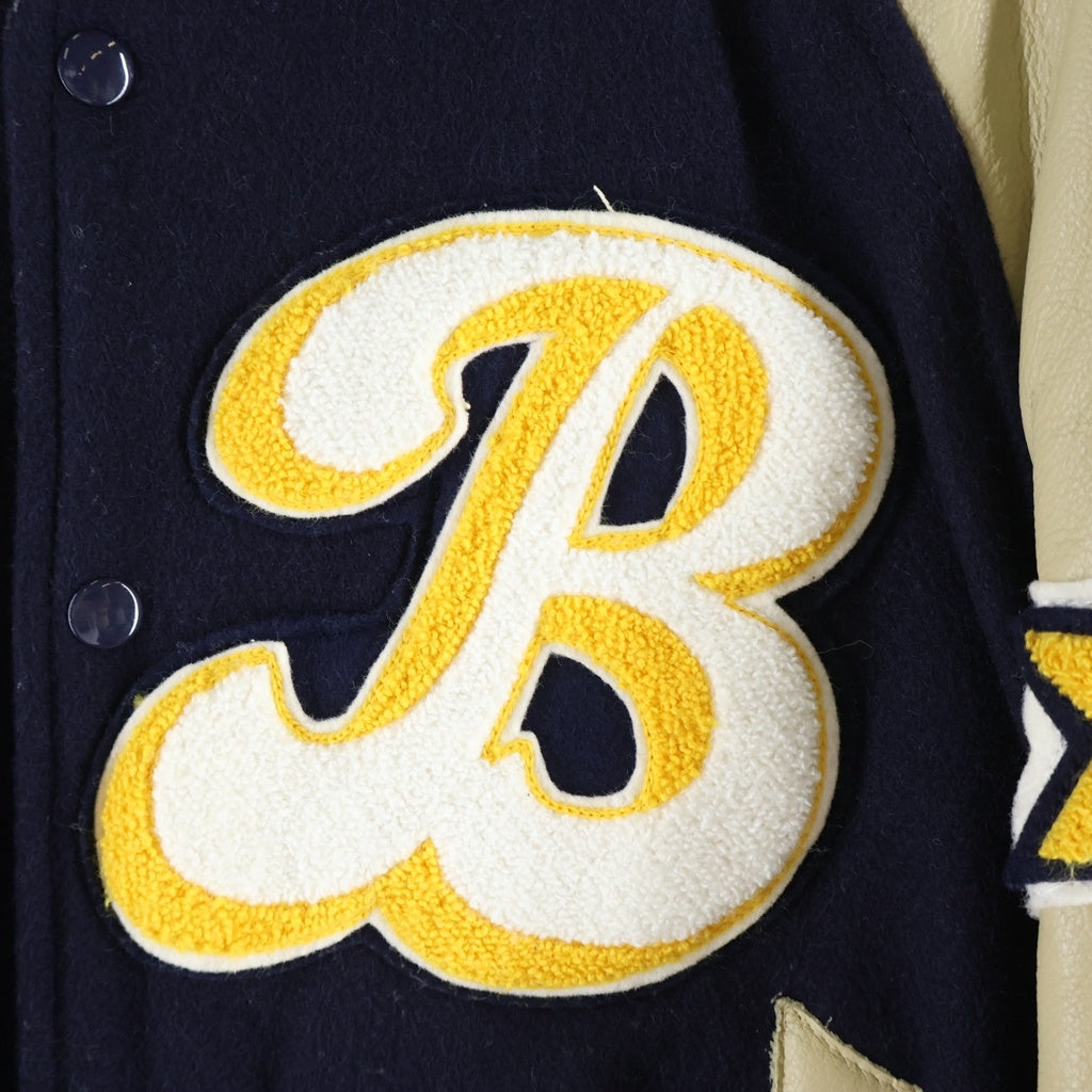 NO BRAND(ノーブランド) HEWITT MFG(ヒューイットエムエフジー) ×BACK DROP STADIUM JACKET バックドロップ スタジアムジャケット アームレザー切替 ウールスタジャン ネイビー/ベージュ