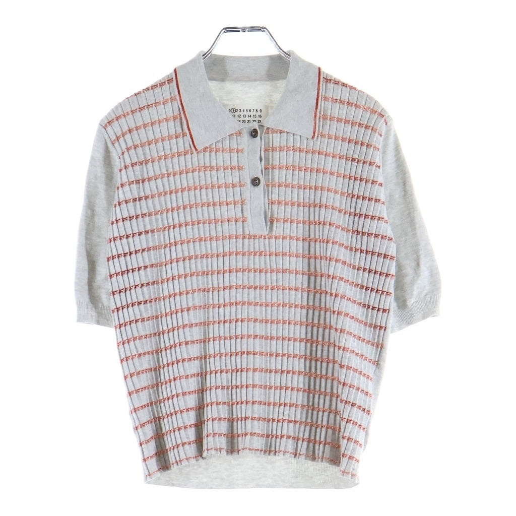 Maison Margiela(メゾンマルジェラ) ボーダー コットン 半袖ニットポロシャツ レディース グレー/レッド S51HA0707