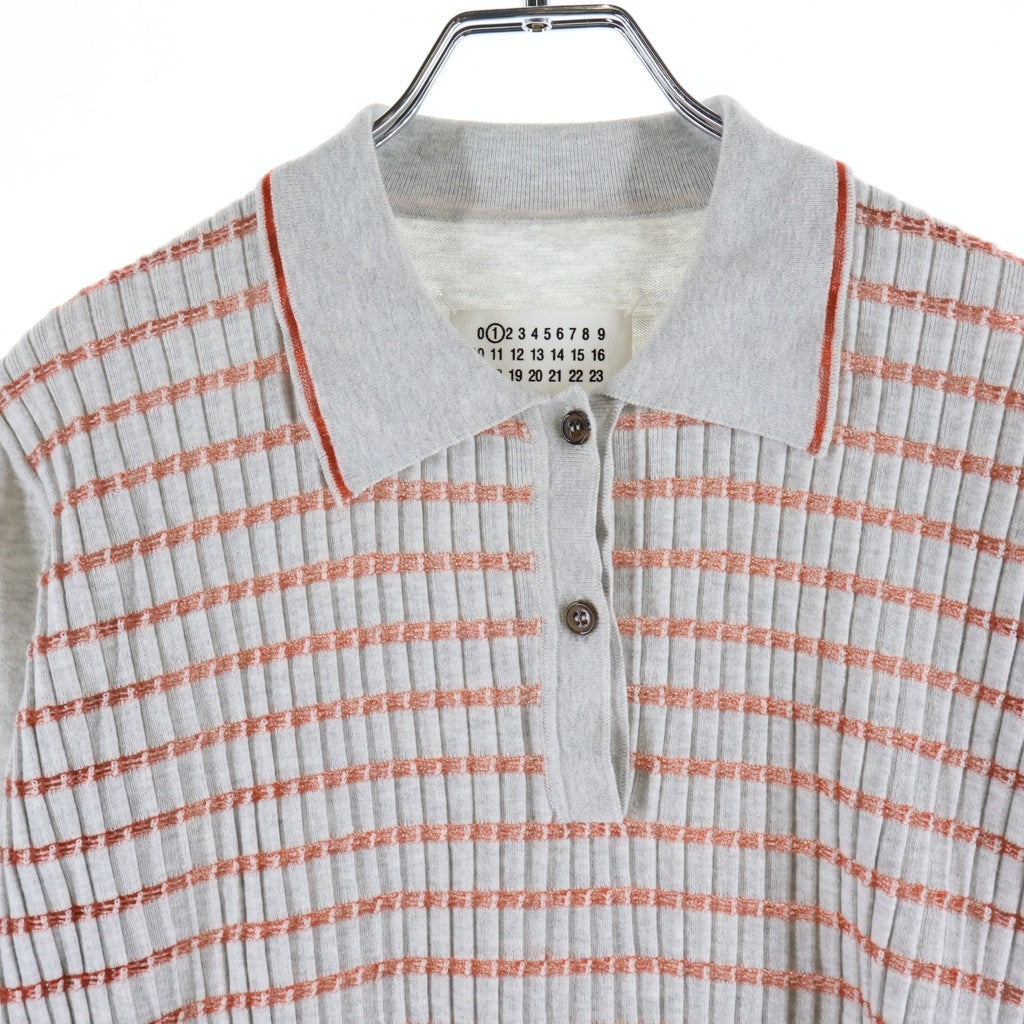 Maison Margiela(メゾンマルジェラ) ボーダー コットン 半袖ニットポロシャツ レディース グレー/レッド S51HA0707
