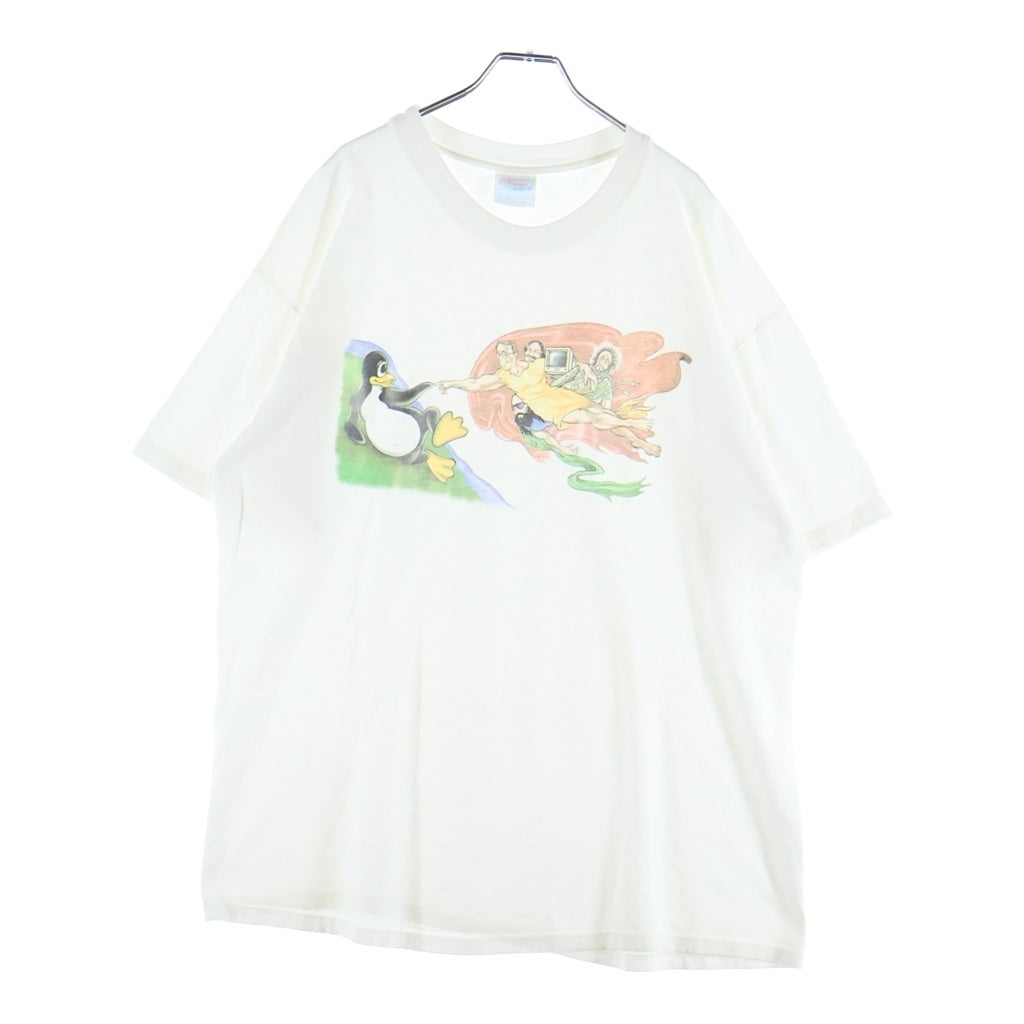 VINTAGE(ヴィンテージ) 90S VINTAGE LINUX ヴィンテージ リナックス アダムの創造パロディ クルーネック半袖Tシャツ カットソー ホワイト