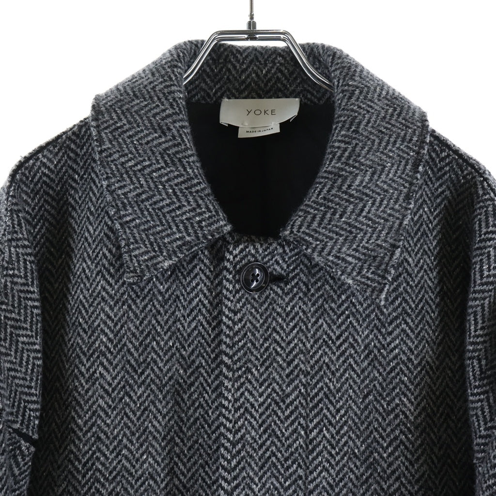YOKE(ヨーク) 19AW DOUBLE JQUARD KNIT BALCOLLAR CORT ダブルジャガーニット ヘリンボーン バルカラー ロングコート ブラック YK19AW0044C