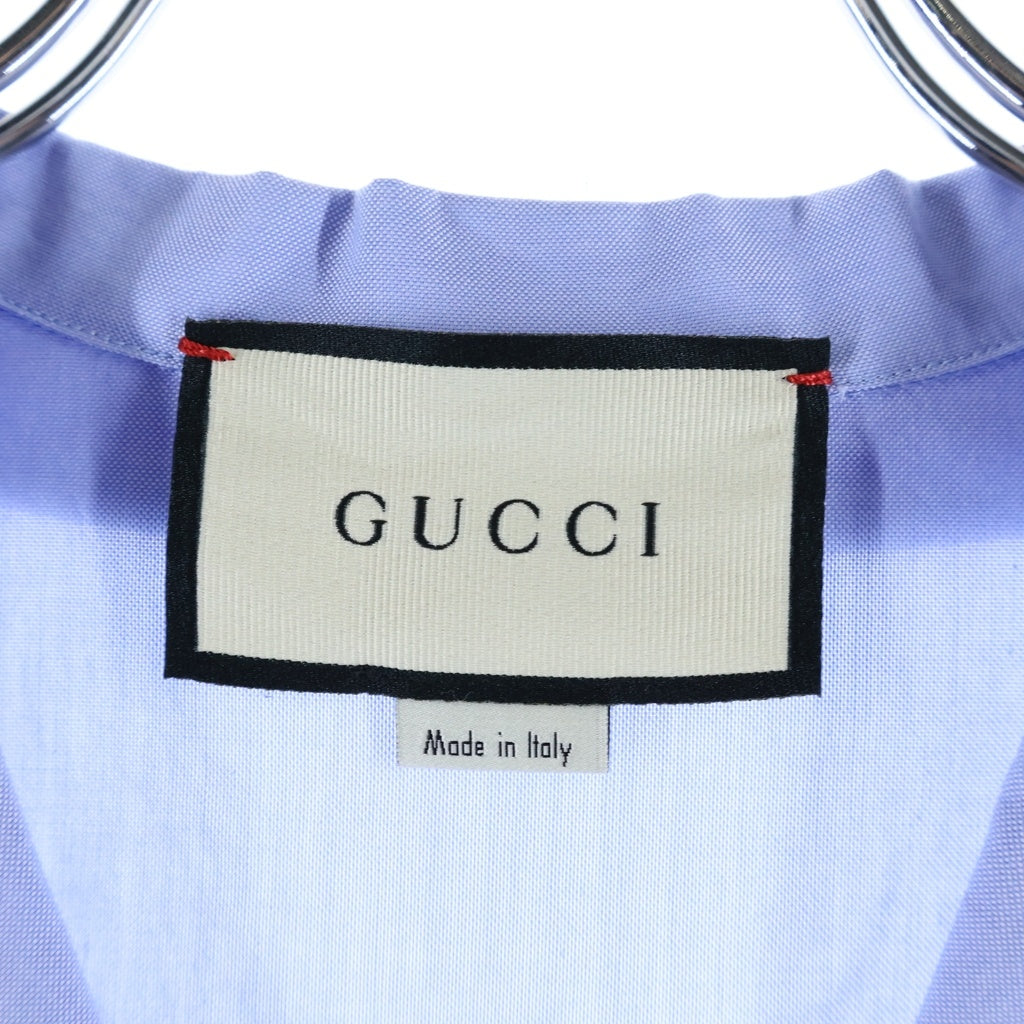 GUCCI(グッチ) ロゴ刺繍 スクリプトオーバーサイズ オープンカラー ボウリング半袖シャツ ブルー/ホワイト 619033 ZAEN3