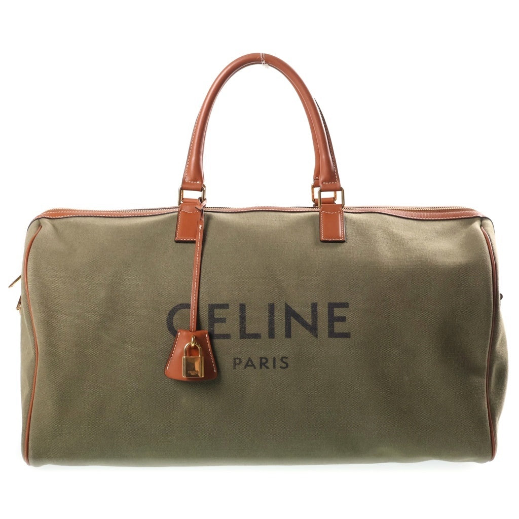 CELINE(セリーヌ) フロントロゴ カデナ付き レザーハンドル キャンバスボストンバッグ カーキ