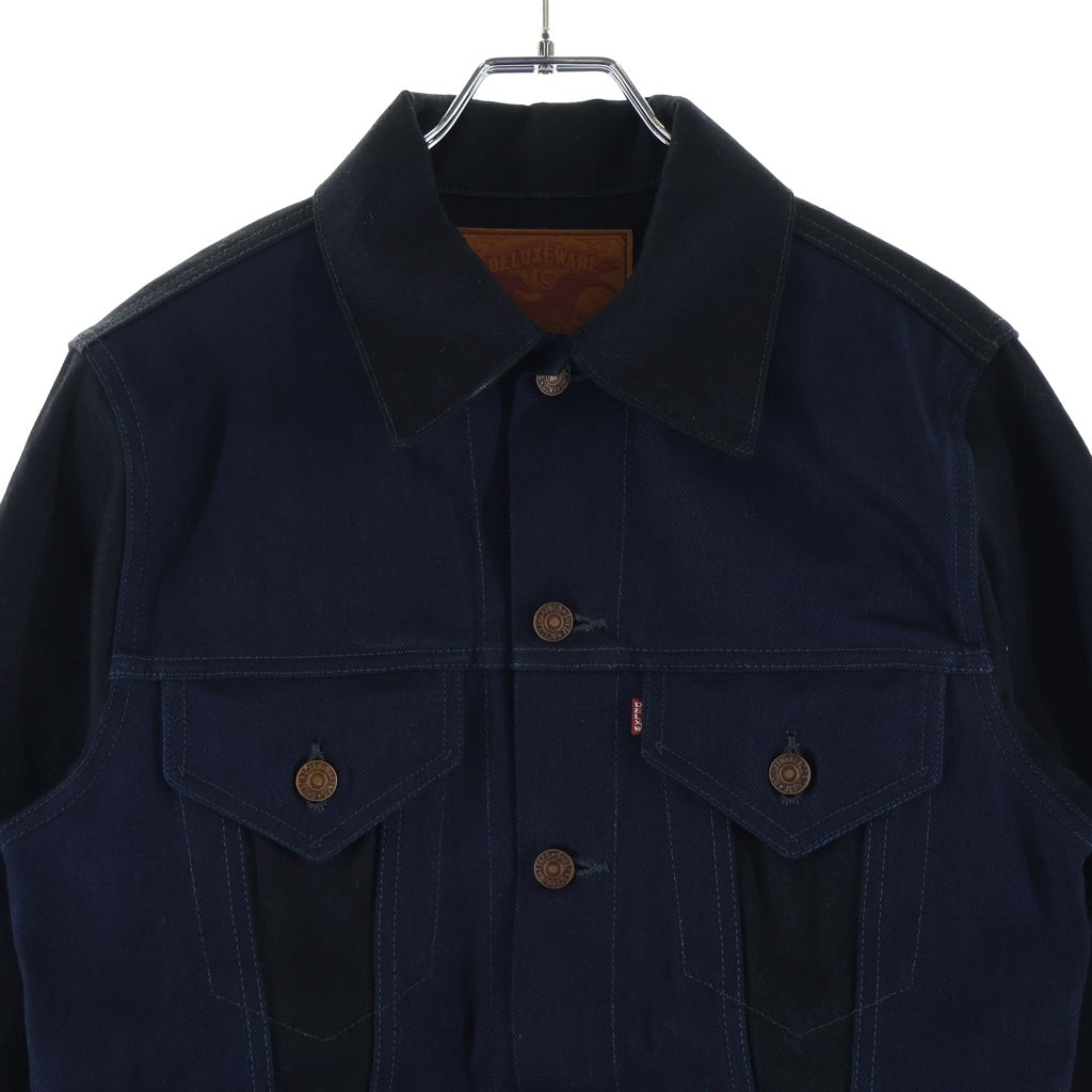 NO BRAND(ノーブランド) DELUXEWARE EMB TRACKER JACKET FOR KI ロゴエンブロイダリー デニム トラッカージャケット Gジャン ブラック/ブルー S403E
