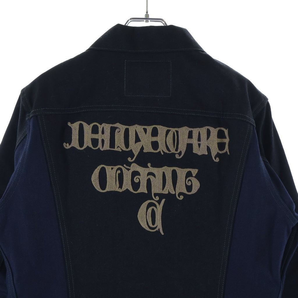 NO BRAND(ノーブランド) DELUXEWARE EMB TRACKER JACKET FOR KI ロゴエンブロイダリー デニム トラッカージャケット Gジャン ブラック/ブルー S403E