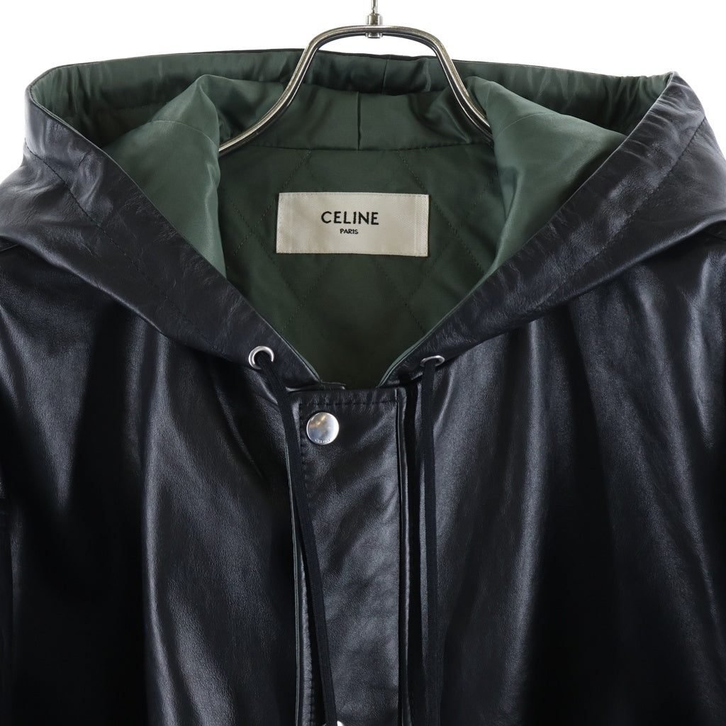 CELINE(セリーヌ) バックロゴプリント カウハイド フーデッドレザージャケット ブラック 2E976195O