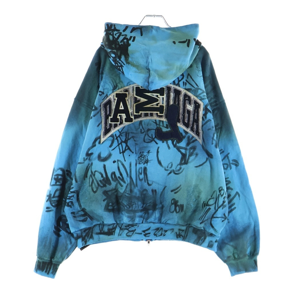 BALENCIAGA(バレンシアガ) 23SS MEDIUM FIT ZIP-UP HOODIE グラフィックペイントダメージ加工 スケータージップアップパーカー フーディー ブルー 744457 TOVA8