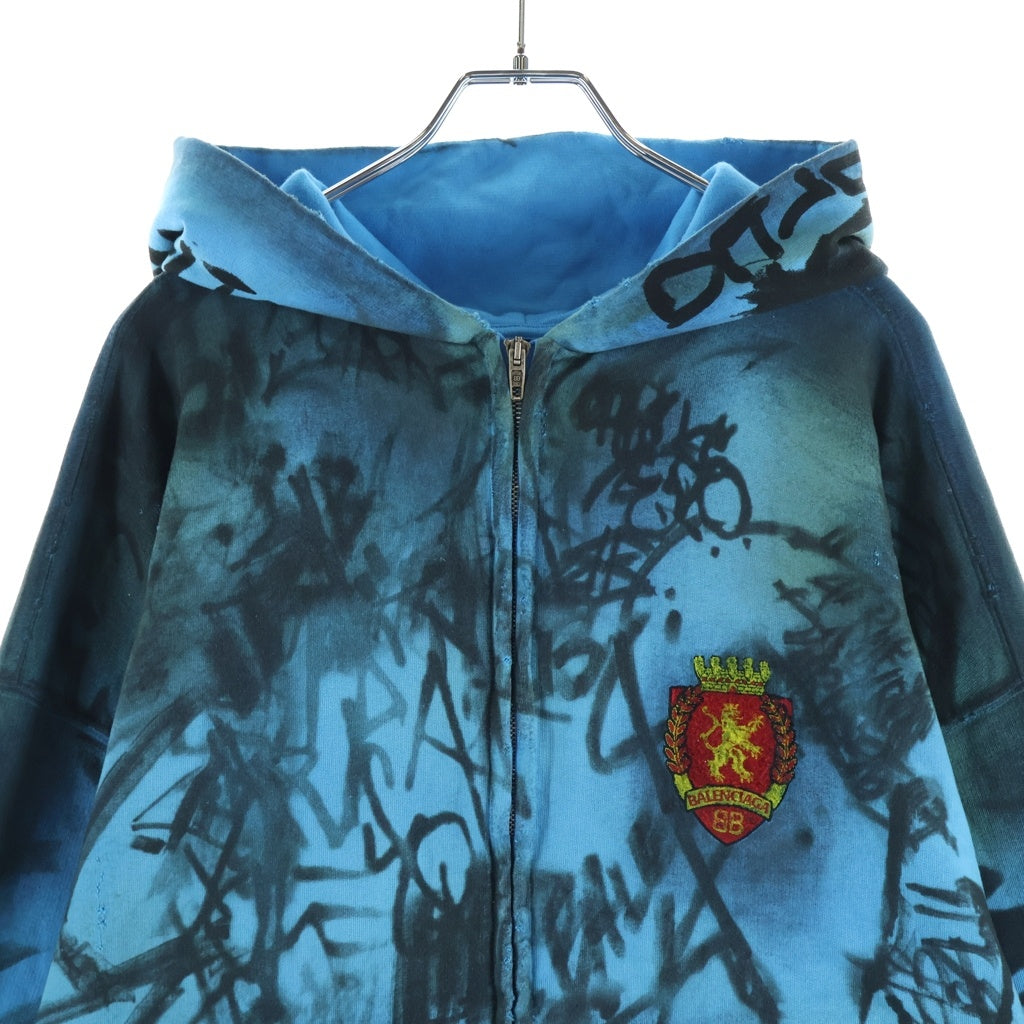 BALENCIAGA(バレンシアガ) 23SS MEDIUM FIT ZIP-UP HOODIE グラフィックペイントダメージ加工 スケータージップアップパーカー フーディー ブルー 744457 TOVA8