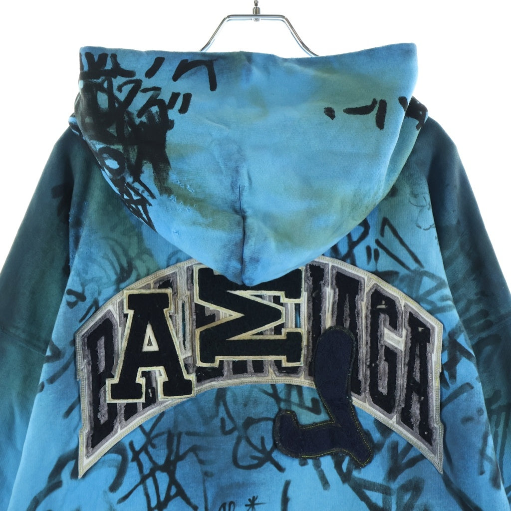 BALENCIAGA(バレンシアガ) 23SS MEDIUM FIT ZIP-UP HOODIE グラフィックペイントダメージ加工 スケータージップアップパーカー フーディー ブルー 744457 TOVA8