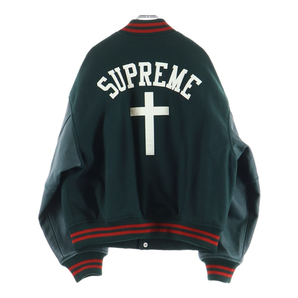SUPREME(シュプリーム) 26SS Cross Varsity Jacket バックロゴ クロス アームレザー切替 バーシティジャケット ブルゾン グリーン