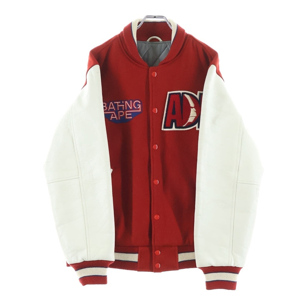 A BATHING APE(アベイシングエイプ) 14AW 1ST 復刻 ロゴワッペン レザー切り替え スタジャン ブルゾン レッド/ホワイト 1875-141-060