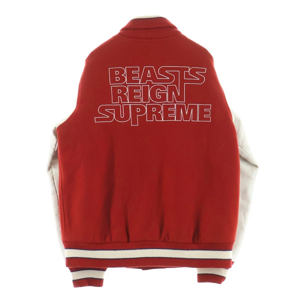 A BATHING APE(アベイシングエイプ) 14AW 1ST 復刻 ロゴワッペン レザー切り替え スタジャン ブルゾン レッド/ホワイト 1875-141-060
