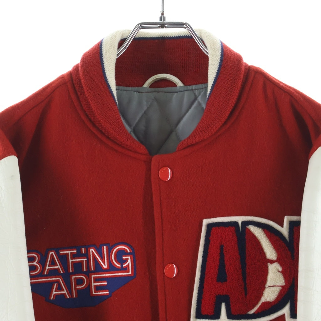 A BATHING APE(アベイシングエイプ) 14AW 1ST 復刻 ロゴワッペン レザー切り替え スタジャン ブルゾン レッド/ホワイト 1875-141-060