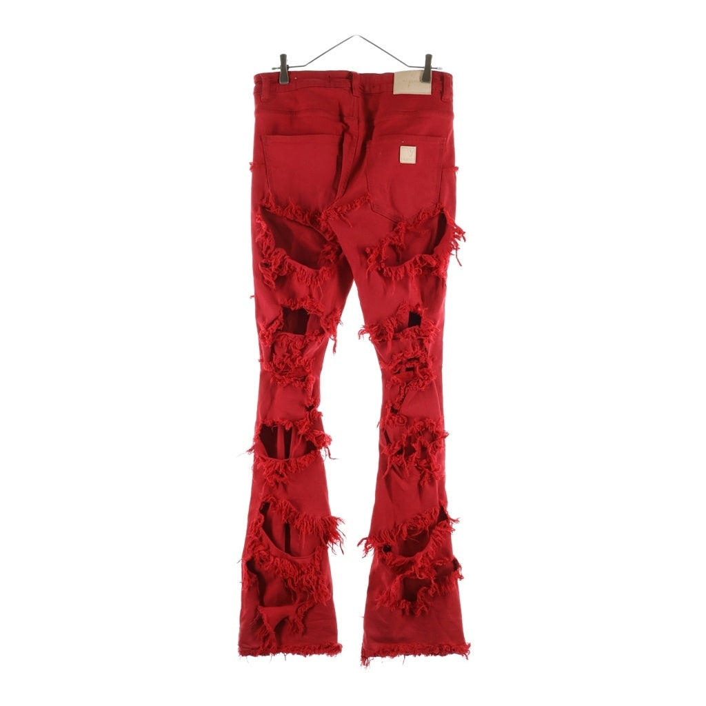 VALABASAS(ヴァラバサス) ダメージ加工 ボタンフライ スリムフィット フレアパンツ レッド