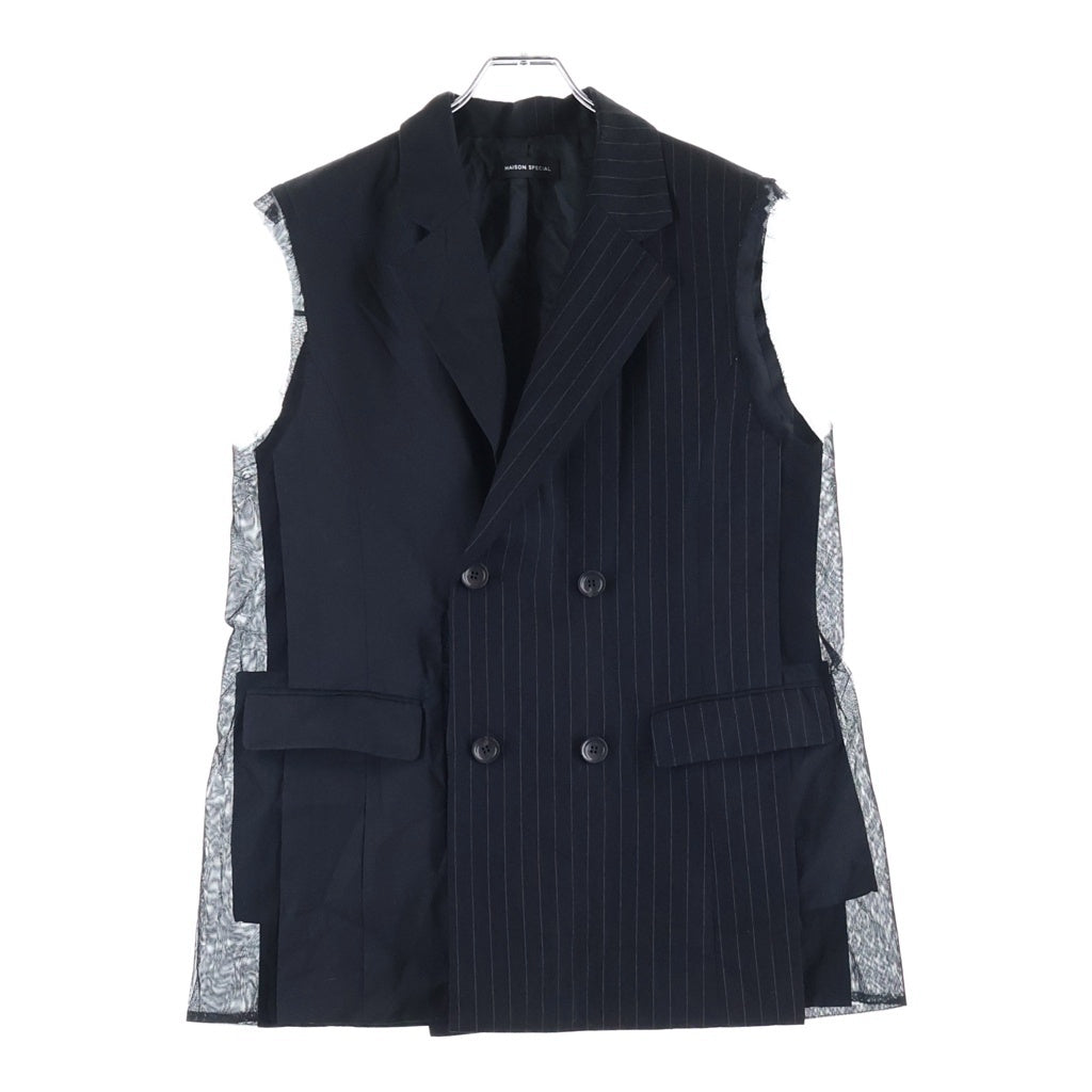 MAISON SPECIAL(メゾンスペシャル) SIDE TULLE GILET サイドチュールジレ 異素材切り替え ダブルブレストベスト ブラック 21252115803