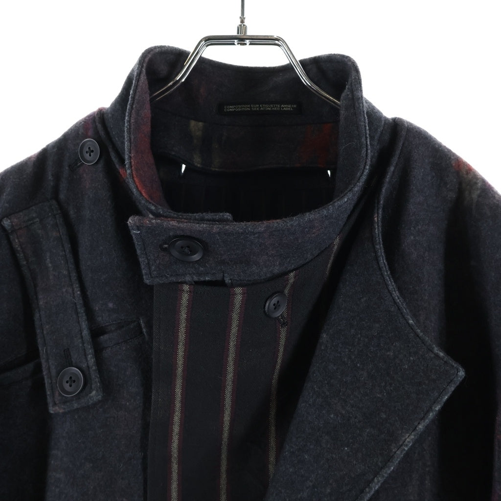 Yohji Yamamoto POUR HOMME(ヨウジヤマモト プールオム) 23AW ダブルレイヤード プリントスタンド ウール ロング カラーコート ブラック HJ-C28-802