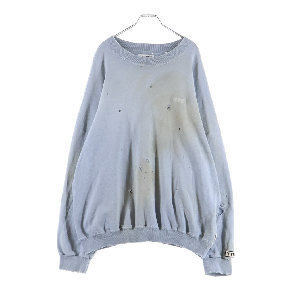 TTT_MSW(ティーモダンストリートウェア) 23AW CREW NECK SWEAT ダメージ加工 クルーネックスウェットトレーナー ライトブルー TTT-2023AW-CT03