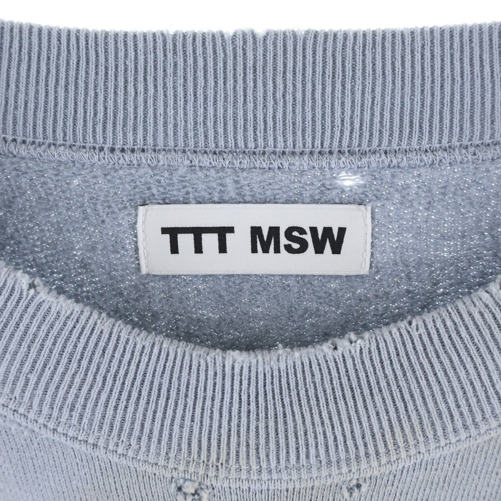 TTT_MSW(ティーモダンストリートウェア) 23AW CREW NECK SWEAT ダメージ加工 クルーネックスウェットトレーナー ライトブルー TTT-2023AW-CT03