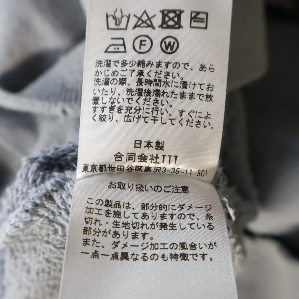TTT_MSW(ティーモダンストリートウェア) 23AW CREW NECK SWEAT ダメージ加工 クルーネックスウェットトレーナー ライトブルー TTT-2023AW-CT03