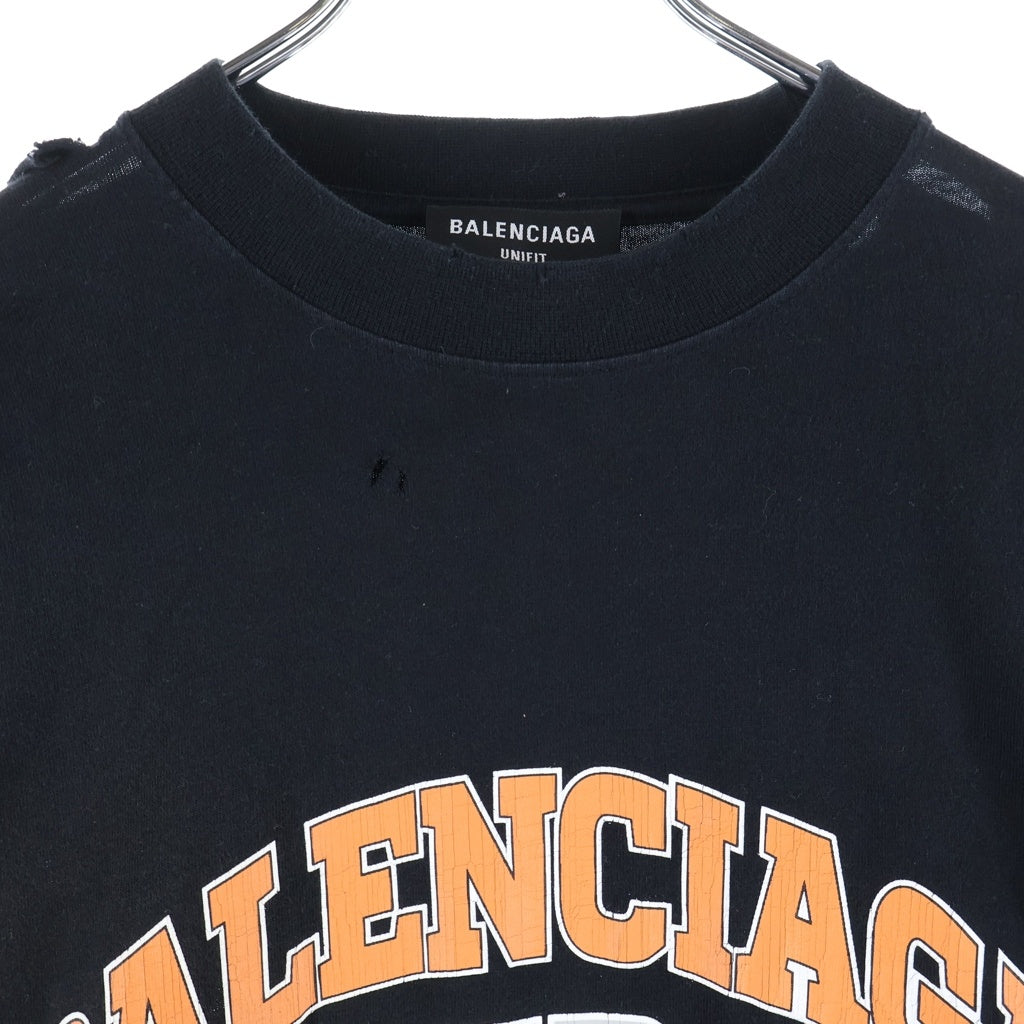 BALENCIAGA(バレンシアガ) 22SS ダメージ加工 ロゴプリントTシャツ 長袖クルーネックカットソー ブラック 681046 TLVJ1