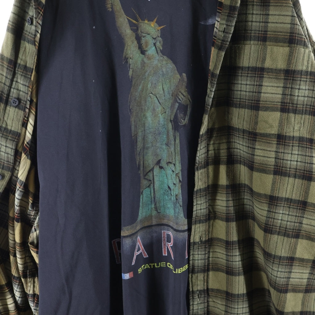 BALENCIAGA(バレンシアガ) 24AW PARIS LIBERTY L/S LAYERED SHIRT パリリバティー カットソードッキング加工 ヴィンテージチェック柄 レイヤード長袖シャツ カーキ/ブラック 794656 TQM20