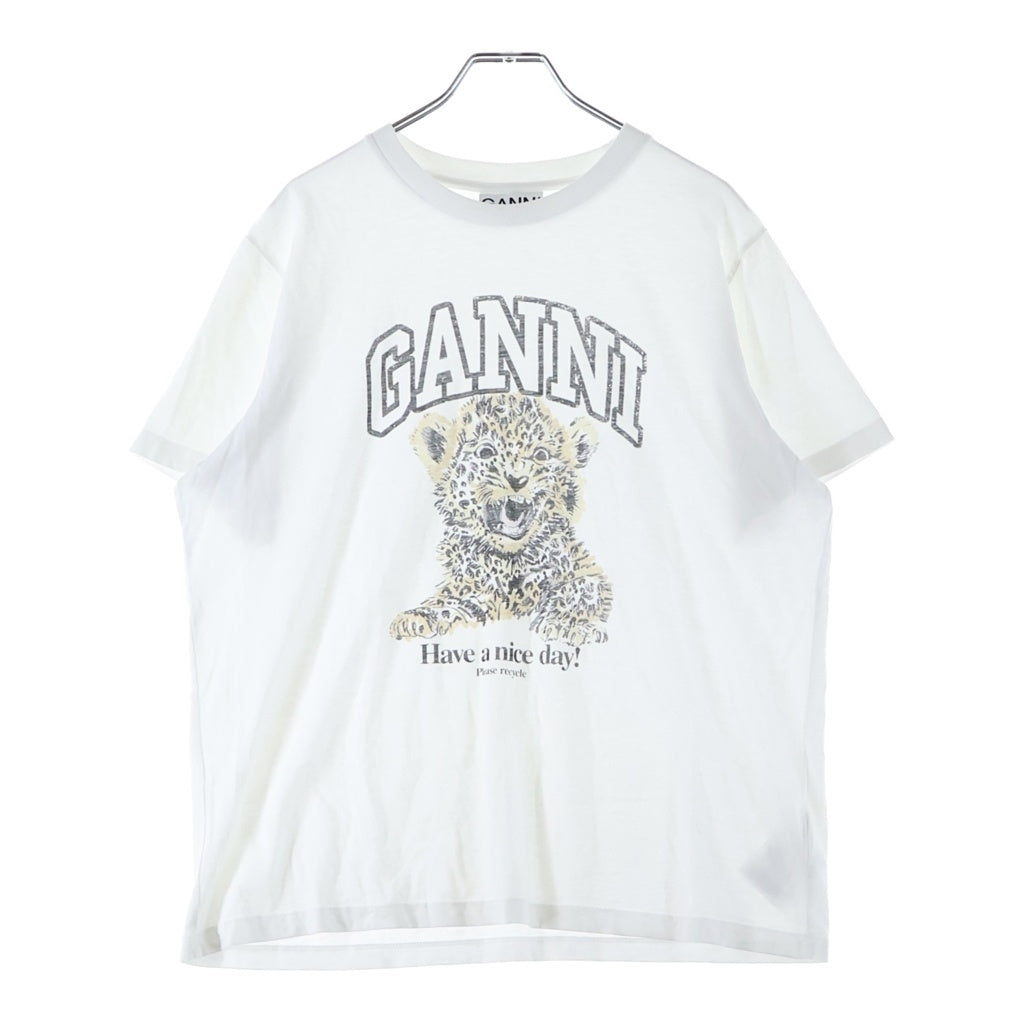 GANNI(ガニー) Basic Jersey Leopard Relaxed T-shirt タイガープリント クルーネック半袖Tシャツ カットソー ホワイト レディース T4124