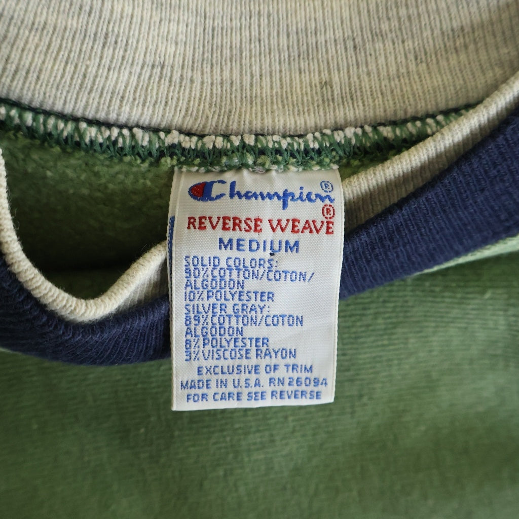 CHAMPION(チャンピオン) 90S VINTAGE REVERSE WEAVE SWEATSHIRT ヴィンテージ リバースウィーブ 刺繍タグ USA製 目あり エルボーパッチ付 クルーネックスウェットトレーナー グリーン/ネイビー
