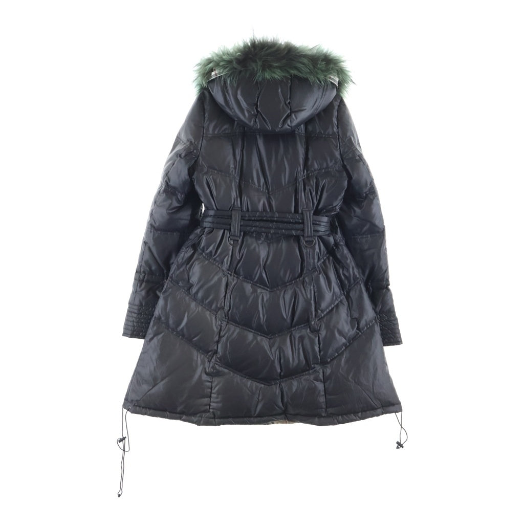 BURBERRY BLUE LABEL(バーバリーブルーレーベル) 裏地ノバチェック ベルテッド ファーフーデッド ジップアップ ロングダウンジャケット レディース ネイビー FRF10-592-09