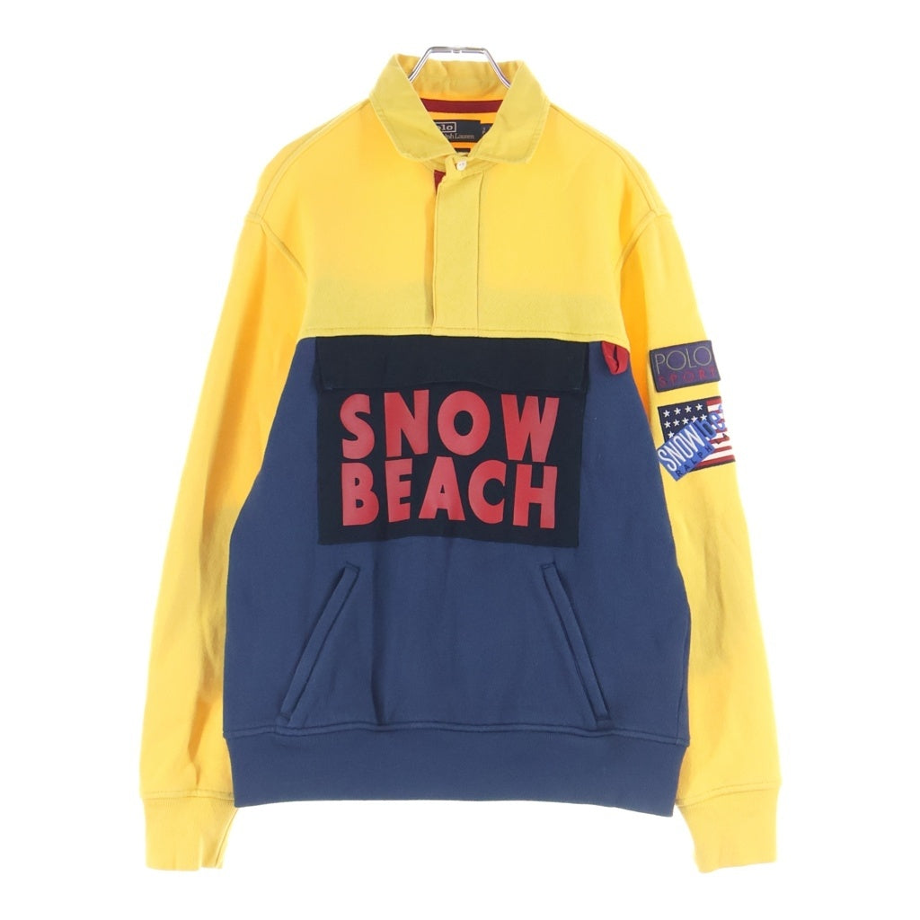 POLO RALPH LAUREN(ポロラルフローレン) 18SS THE SNOW BEACH LONGSLEEV KNIT ロゴプリント エルボーパッチ ハーフボタン バイカラー長袖ポロ イエロー/ネイビー