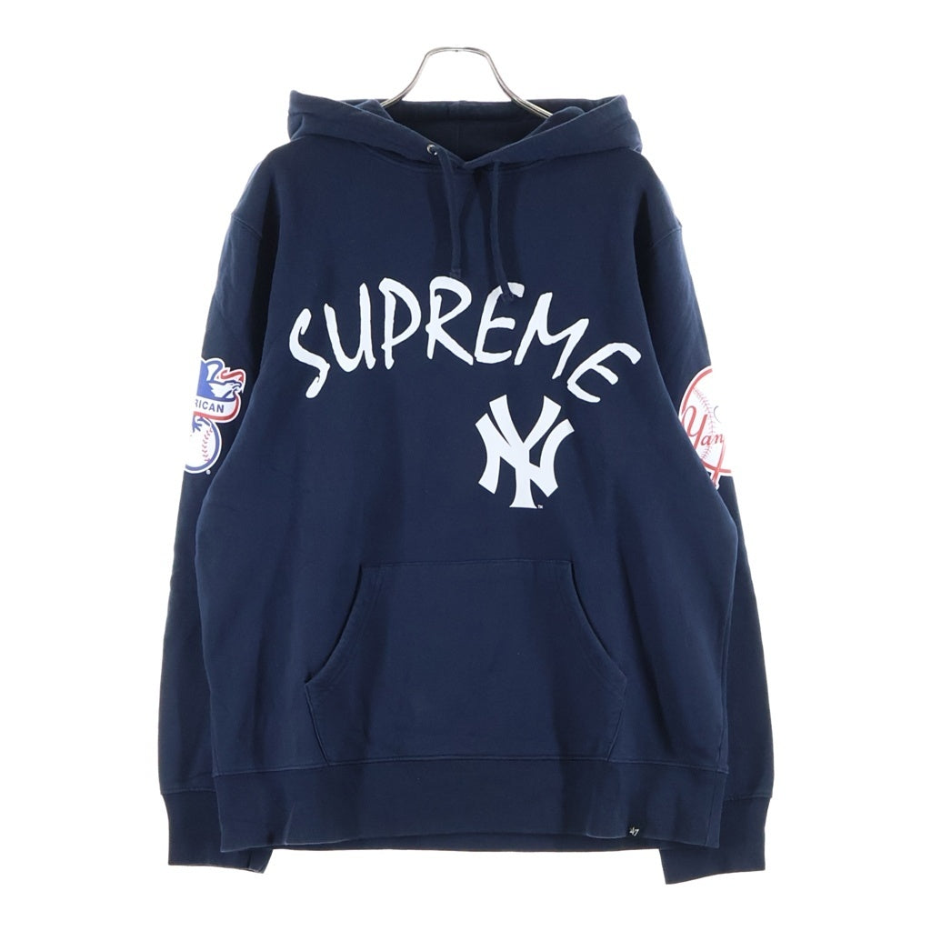 SUPREME(シュプリーム) 15SS ×New York Yankees 47 Brand Hooded Sweatshirt ニューヨークヤンキース 両面ロゴプリント プルオーバースウェットパーカー フーディー ネイビー