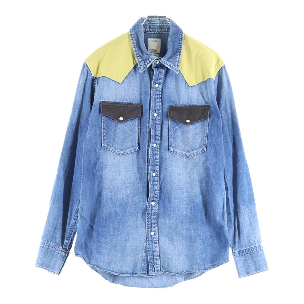 VISVIM(ヴィスヴィム) ヨーク切替デザイン 長袖デニムウェスタンシャツ インディゴ/イエロー/ブラウン