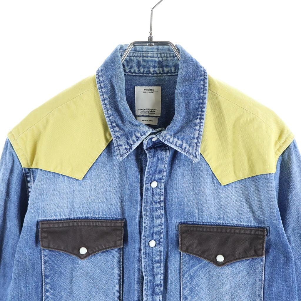 VISVIM(ヴィスヴィム) ヨーク切替デザイン 長袖デニムウェスタンシャツ インディゴ/イエロー/ブラウン