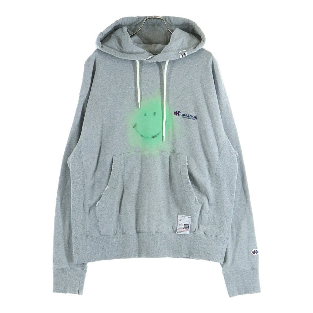 MAISON MIHARAYASUHIRO(メゾンミハラヤスヒロ) 23AW DISTRESSED HOODIE フロントスマイルプリント ダメージ加工 プルオーバースウェットパーカー フーディー グレー J11HD512