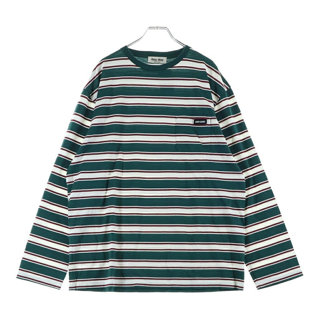 miumiu(ミュウミュウ) 25SS コットン ロゴエンブロイダリー ボーダー クルーネック長袖Tシャツ カットソー グリーン MJL014