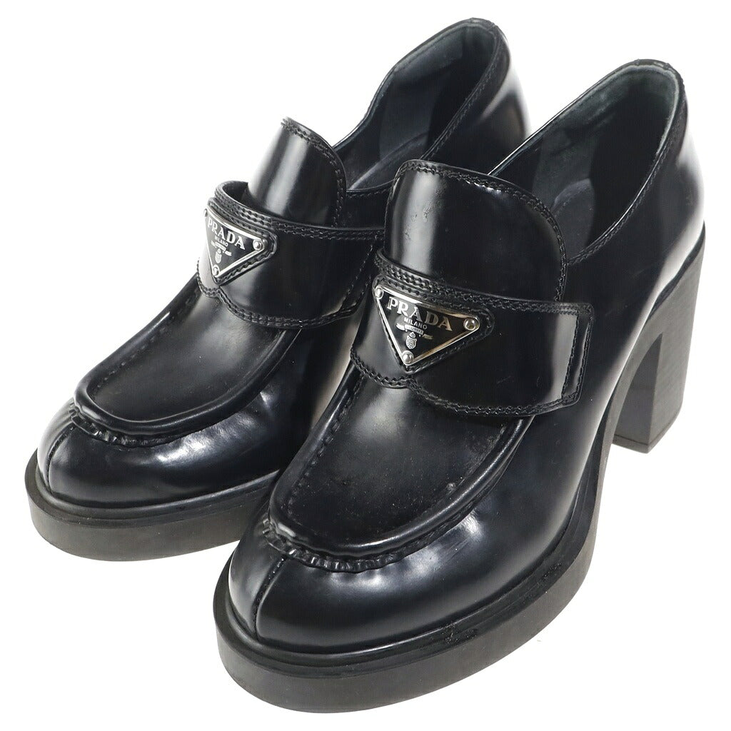 PRADA(プラダ) チョコレート トライアングルロゴプレート レザー ハイヒールパンプス レディース ブラック 1D246M