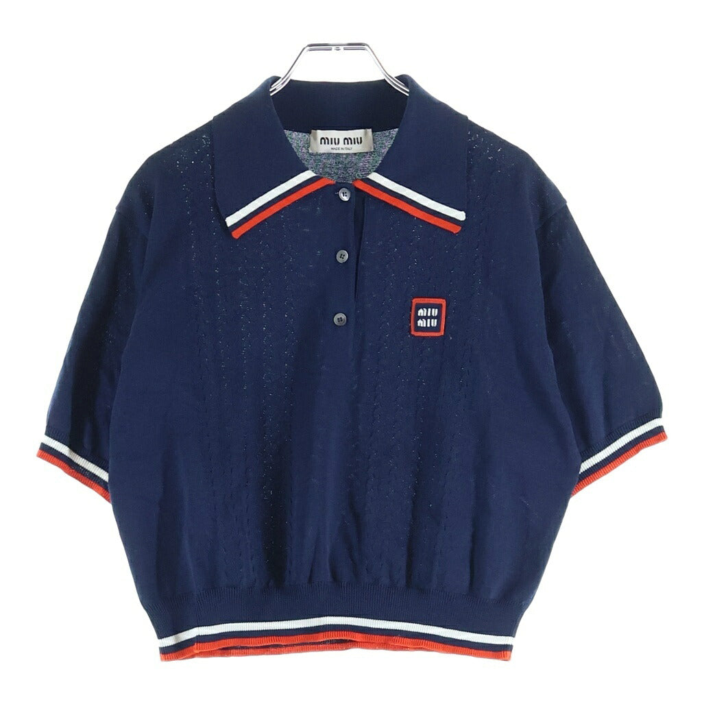 miumiu(ミュウミュウ) シルクニット クロップド 半袖ポロシャツ ネイビー MML676