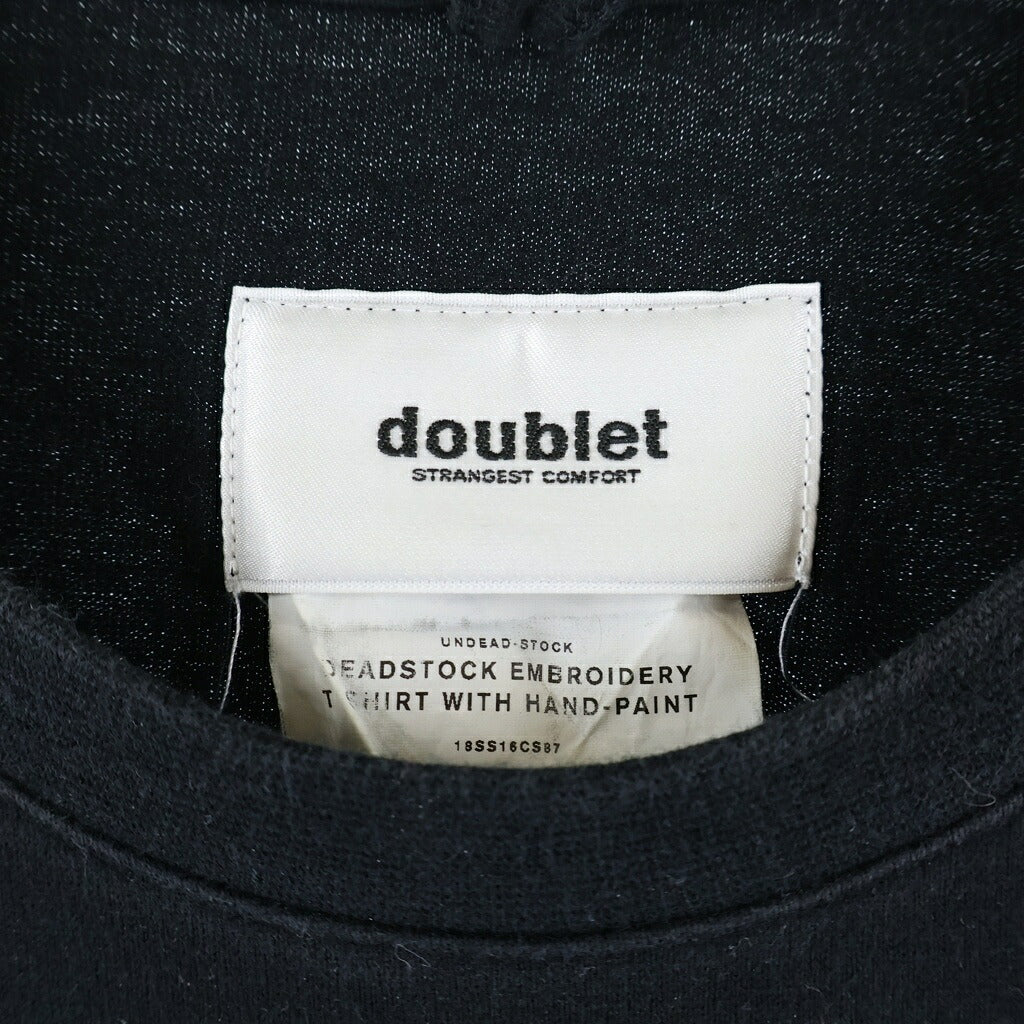 doublet(ダブレット) 18SS DEADSTOCK EMBROIDERY T-SHIRT WITH HAND-PAINT サンダープリント ロゴエンブロイダリー クルーネック半袖Tシャツ カットソー ブラック 18SS16CS87