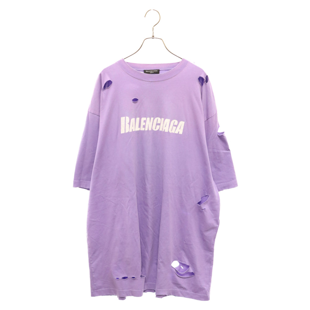 BALENCIAGA(バレンシアガ) 21SS Caps Destroyed Flatground Tee デストロイ加工 ロゴプリント クルーネック 半袖Tシャツ カットソー パープル 651795 TKVB8