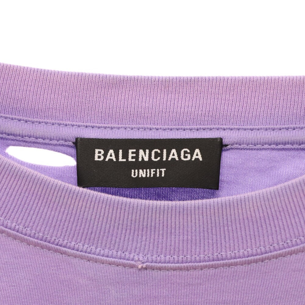 BALENCIAGA(バレンシアガ) 21SS Caps Destroyed Flatground Tee デストロイ加工 ロゴプリント クルーネック 半袖Tシャツ カットソー パープル 651795 TKVB8