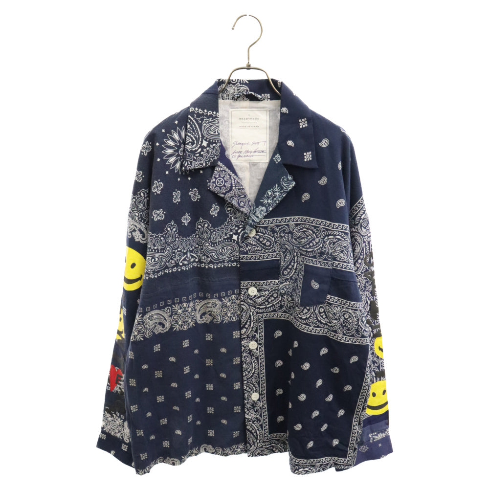 READY MADE(レディメイド) 20AW SLEEPING SHIRTS バンダナ柄 スマイルプリント スリーピングシャツ ヴィンテージコットン リメイク 再構築 ネイビー RE-CO-NV-00-00-93